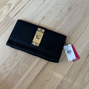 $148 Vince Camuto black leather oversized clutch gold stud hardware tags